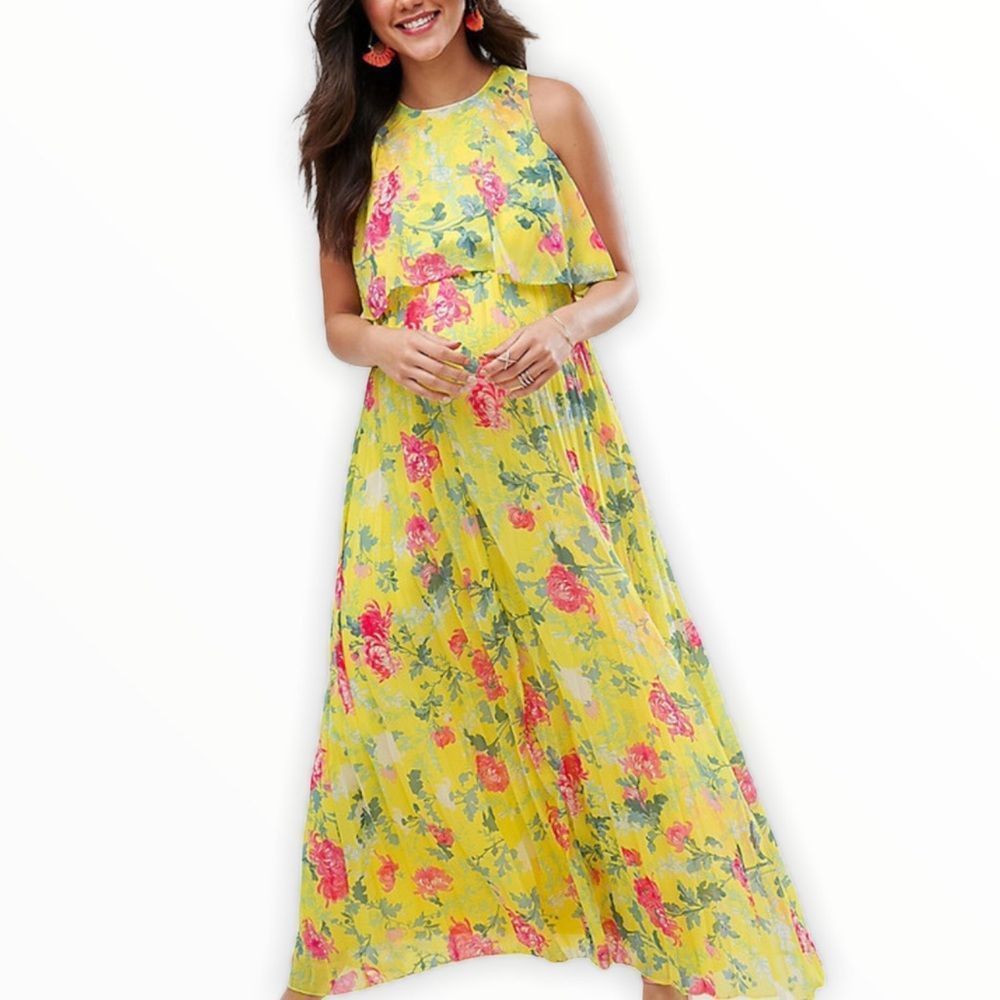 ASOS Pleated Skirt Yellow Floral Maxi Dress